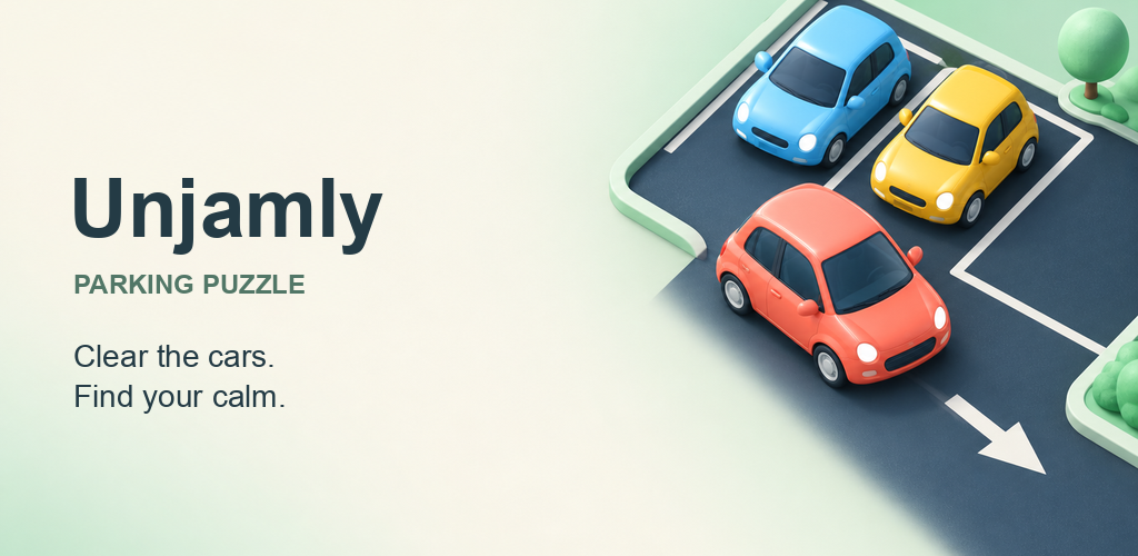 Unjamly parking puzzle with colorful cars and an open exit lane